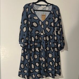 Umgee 1x Blue and Black Animal Print Long Sleeve Babydoll Dress NWT
